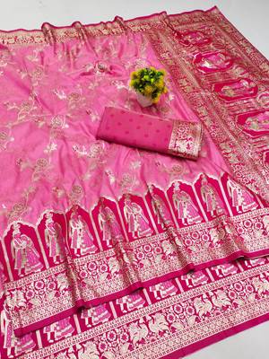 pink zari woven art silk blend bridal style premium saree with blouse 1