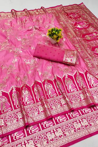 pink zari woven art silk bridal style premium saree with blouse