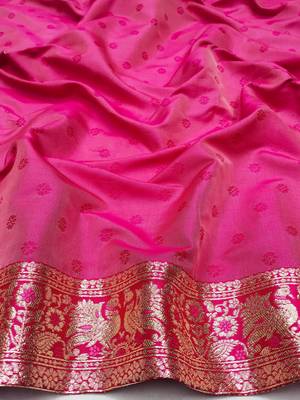 pink zari woven art silk blend bridal style premium saree with blouse 2