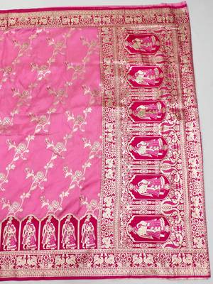 pink zari woven art silk blend bridal style premium saree with blouse 3