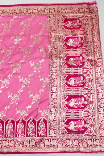 pink zari woven art silk blend bridal style premium saree with blouse