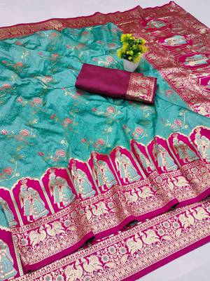 blue zari woven art silk blend bridal style premium saree with blouse 1