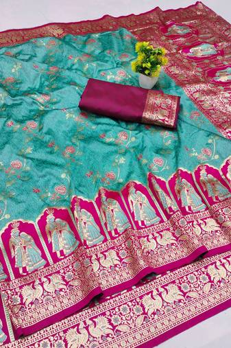 blue zari woven art silk bridal style premium saree with blouse