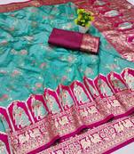 blue zari woven art silk bridal style premium saree with blouse
