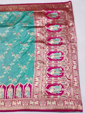 blue zari woven art silk blend bridal style premium saree with blouse 2