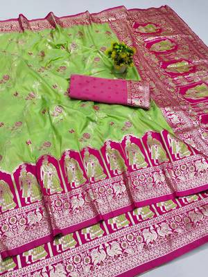 light green zari woven art silk blend bridal style premium saree with blouse 1