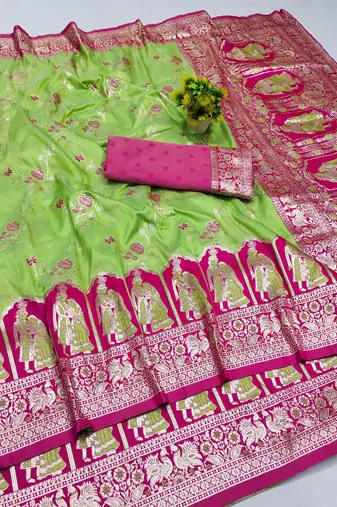 light green zari woven art silk bridal style premium saree with blouse
