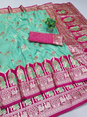 turquoise zari woven art silk blend bridal style premium saree with blouse 1