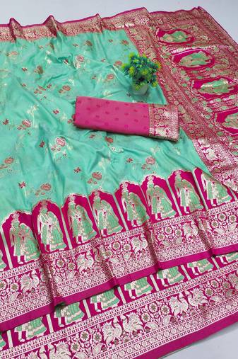 turquoise zari woven art silk bridal style premium saree with blouse
