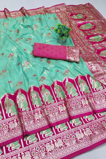 turquoise zari woven art silk bridal style premium saree with blouse