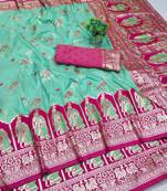 turquoise zari woven art silk bridal style premium saree with blouse