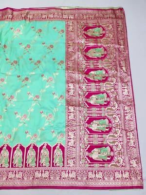 turquoise zari woven art silk blend bridal style premium saree with blouse 3