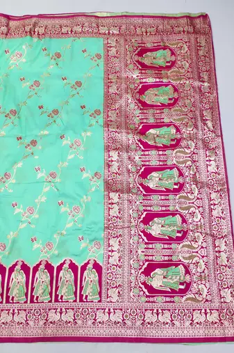 turquoise zari woven art silk blend bridal style premium saree with blouse