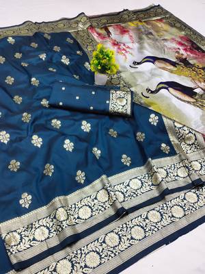 blue zari woven art silk blend saree with blouse 1