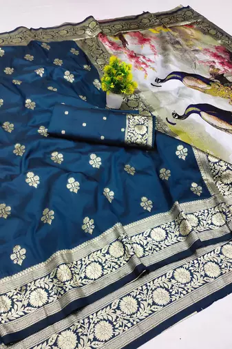blue zari woven art silk saree with blouse