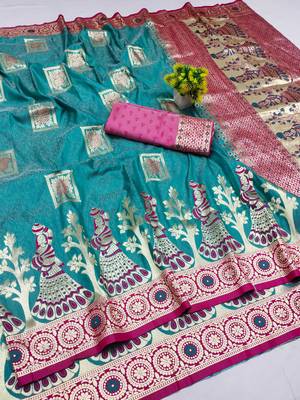 light blue zari woven art silk blend bridal style premium saree with blouse 1