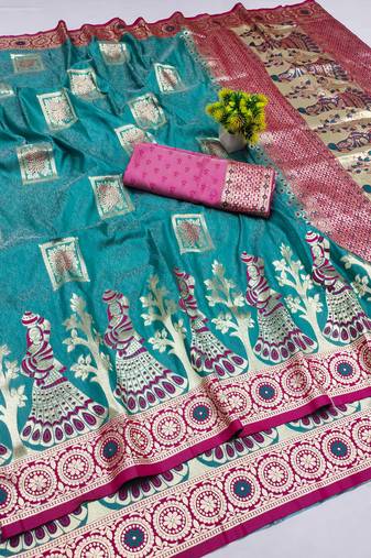 light blue zari woven art silk bridal style premium saree with blouse