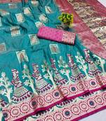light blue zari woven art silk bridal style premium saree with blouse