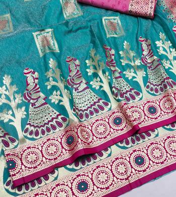 light blue zari woven art silk blend bridal style premium saree with blouse 2