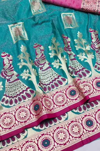light blue zari woven art silk blend bridal style premium saree with blouse