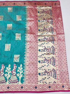 light blue zari woven art silk blend bridal style premium saree with blouse 4