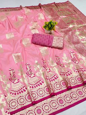 pink zari woven art silk blend bridal style premium saree with blouse 1