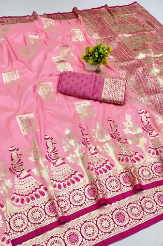 pink zari woven art silk bridal style premium saree with blouse