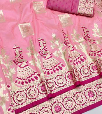pink zari woven art silk blend bridal style premium saree with blouse 2