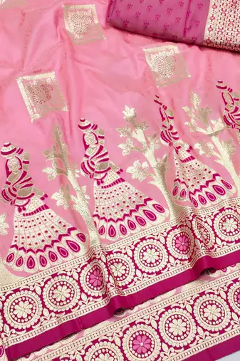 pink zari woven art silk blend bridal style premium saree with blouse