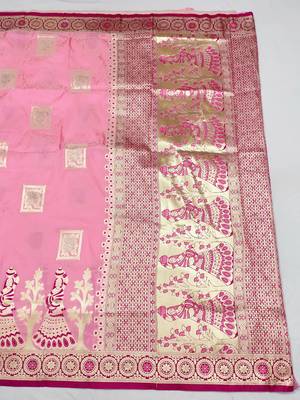 pink zari woven art silk blend bridal style premium saree with blouse 4