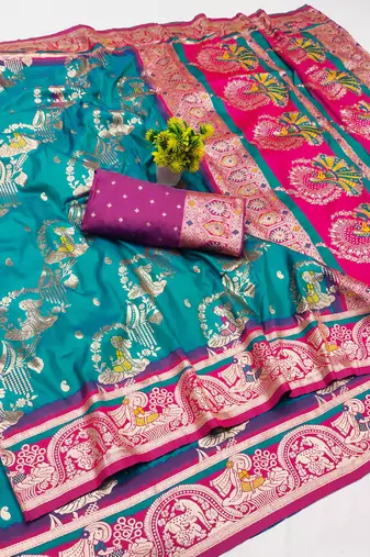 light blue zari woven art silk baluchari saree with blouse