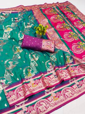 light green zari woven art silk blend saree with blouse 1