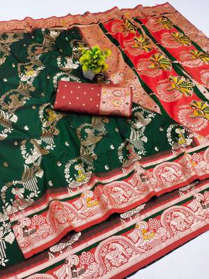 dark green zari woven art silk blend saree with blouse 1