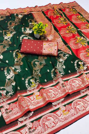 dark green zari woven art silk baluchari saree with blouse