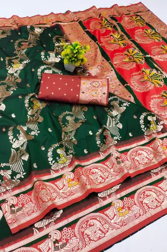 dark green zari woven art silk baluchari saree with blouse