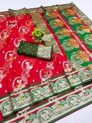 red zari woven art silk blend saree with blouse 1