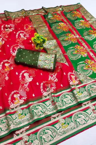 red zari woven art silk baluchari saree with blouse