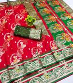 red zari woven art silk baluchari saree with blouse