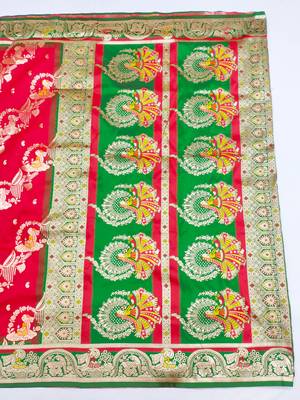 red zari woven art silk blend saree with blouse 3