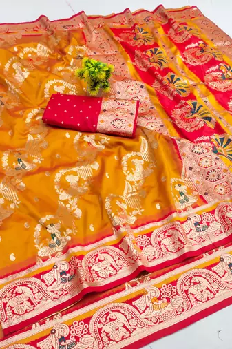 mustard zari woven art silk baluchari saree with blouse
