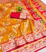 mustard zari woven art silk baluchari saree with blouse