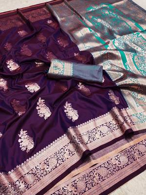 wine art silk zari woven saree with blouse 1