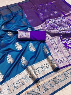navy blue art silk blend zari woven saree with blouse 1