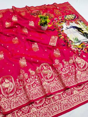 pink zari woven art silk blend saree with blouse 1