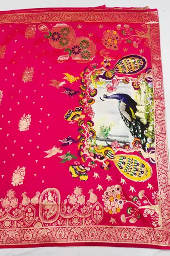 pink zari woven art silk blend saree with blouse
