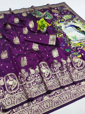 purple zari woven art silk blend saree with blouse 1
