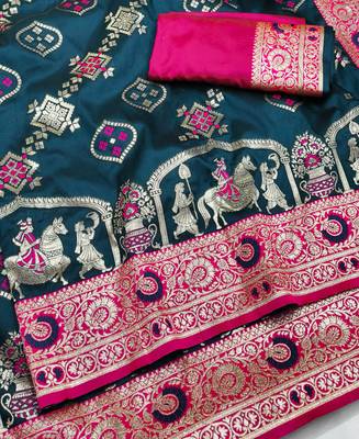 blue zari woven art silk saree with blouse 1