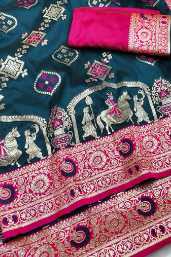 blue zari woven art silk baluchari saree with blouse