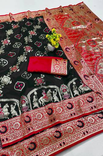 black zari woven art silk baluchari saree with blouse
