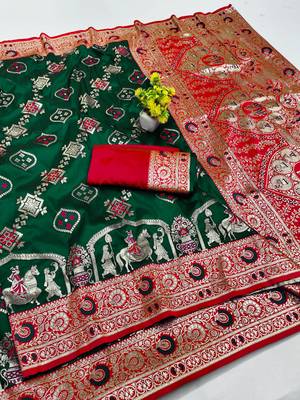 dark green zari woven art silk saree with blouse 1